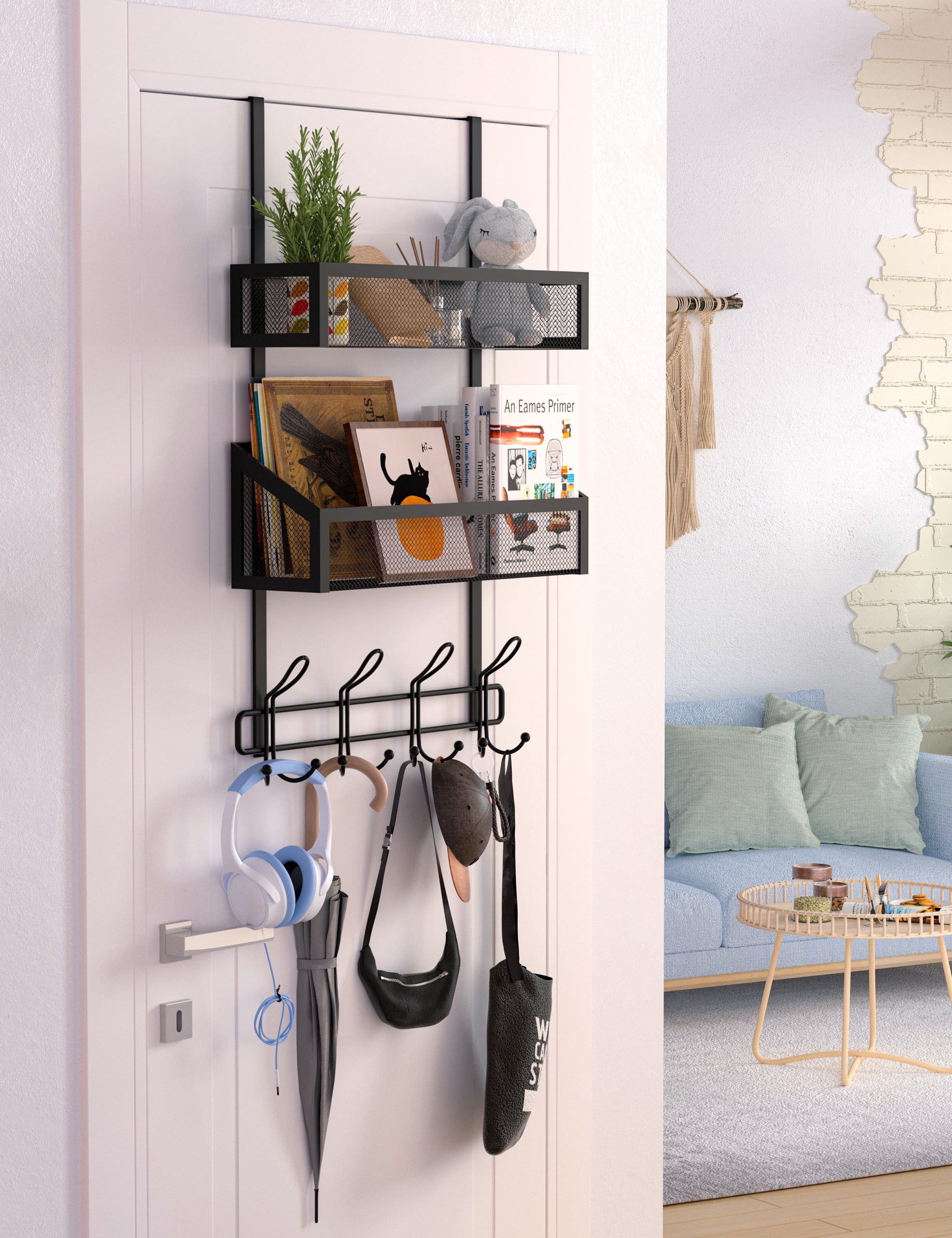 Over the Door Hooks Organizer Storage - Over the Door Hanger for Coat Rack, Over Door Storage with 12 Hooks & 2 Mesh Bas