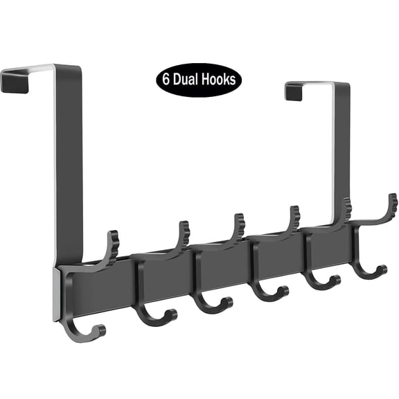 Over The Door Hooks,Over The Door Hanger, Dinosam Movable Metal Door Towel Rack with 6 Dual Coat Hangers,Black,Fits 1-3/4" Thick