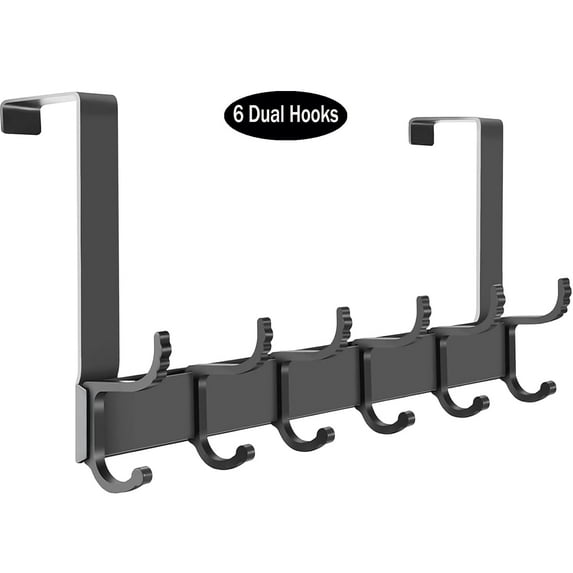 Over The Door Hooks,Over The Door Organizer, Movable over the Door Towel Rack with 6 Dual Coat Hangers,Heavy-Duty Over Door Hook Organizer, Black Over The Door Hanger Fits 1-3/4" Thick