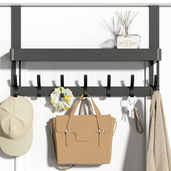 GPED Over The Door Hooks, Sturdy Door Hanger Hooks for Hanging, Over The Doors Towel Racks with 7 Coat Hooks and A Storage Shelf for Bathroom, BedroomKitchen, Black