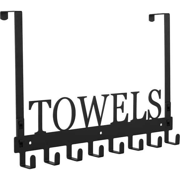 Over The Door Hooks, Towel Rack for Bathroom Towel Holder for Hanging Heavy Duty, Wall Mount Towel Hanger with 8 Hooks for Bedroom Bathroom Pool Kitchen Towels, Bag, Coats, Black
