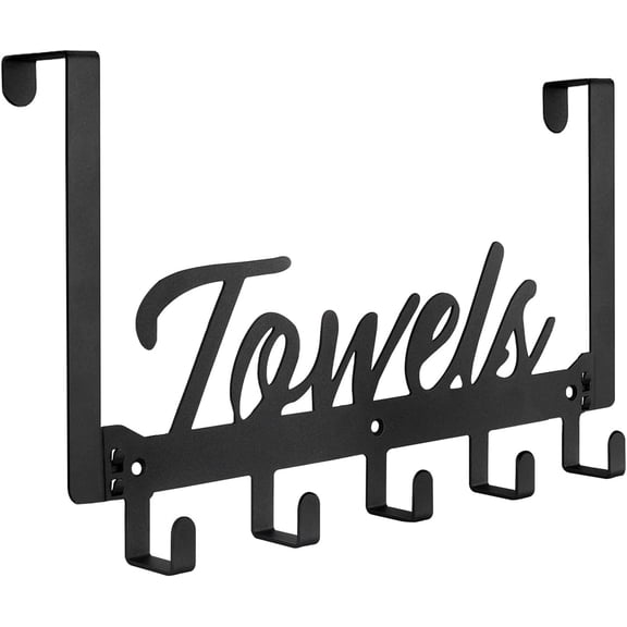 Over The Door Hooks, Towel Rack Towel Hooks for Bathroom, Towel Holder for Hanging Heavy Duty, Door Rack Over Door Hanger with 5 Coat Hooks for Bedroom Bathroom Kitchen, Black