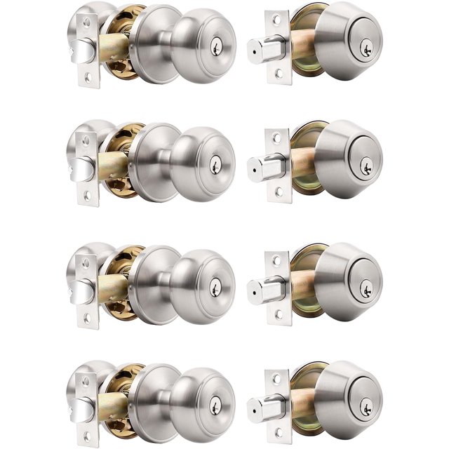 Door Knob And Single Cylinder Deadbolt Lock Set, Satin Nickel Front