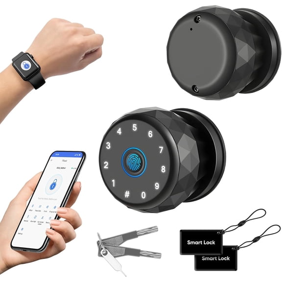 Door Knob Fingerprint Door Lock with Keypad, Keyless Entry Deadbolt for Front Door,   Lock Deadbolt with Phone/Watch App Control, Biometric Fingerprint Gate Knob with 6 Ways to Unlock