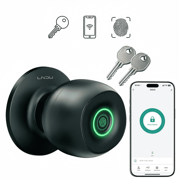 Door Knob LNDU Electronic Fingerprint Lock Room Smart Door Lock Zinc Alloy Matte Easy Installation