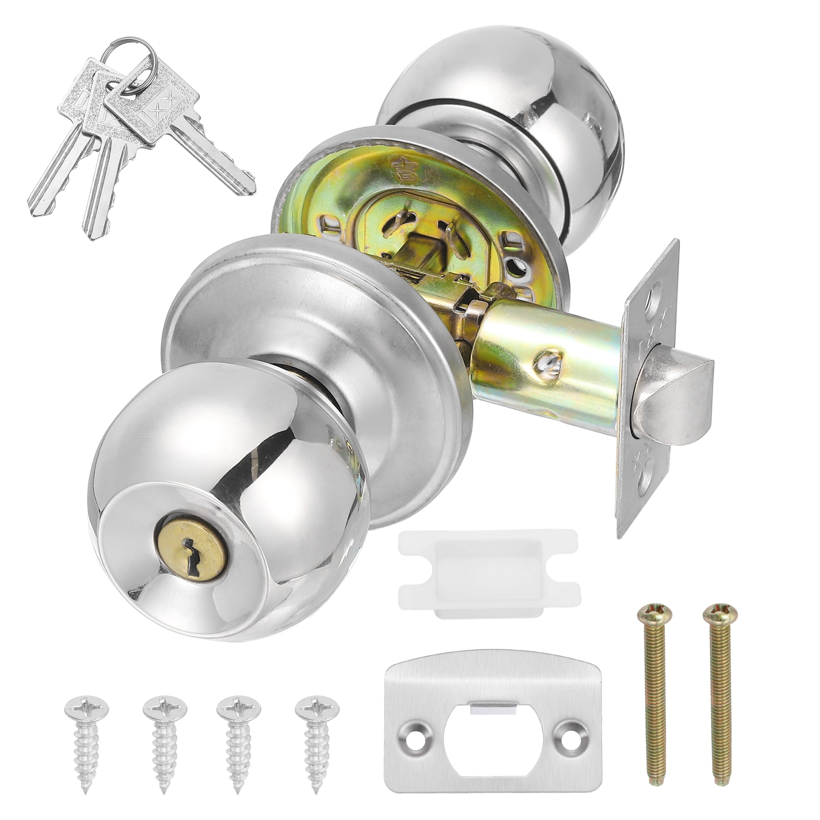 Door Knob with Lock and Key, Round Handles Keyed Exterior and Interior Lock with Screws, Fits 1.77"-2.56" Thickness for Front Door Entry Door, Silver Tone