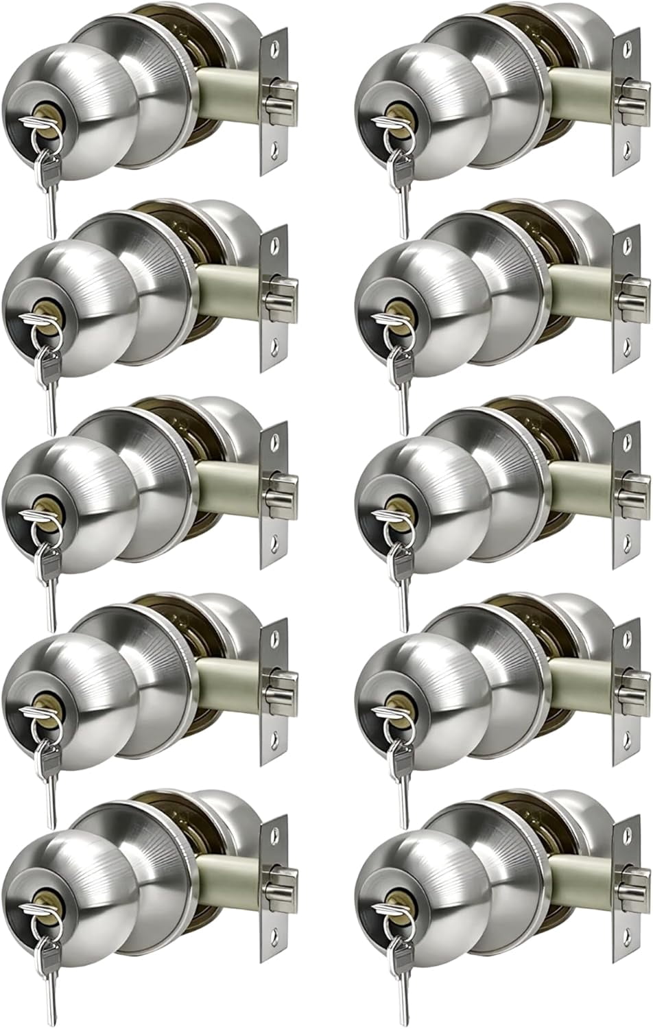 Door Knob with Lock and Keys, Ball Stainless Steel Entry Door Lock with Keyed,Exterior/Interior Door Handles for Bedroom or Bathroom,Satin Nickel,(10Pack)