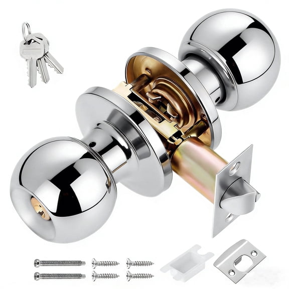 Door Knob With Lock And Key, Door Knob Lock For Bedroon and Bathroom, Silver Polished Entry Door Knobs