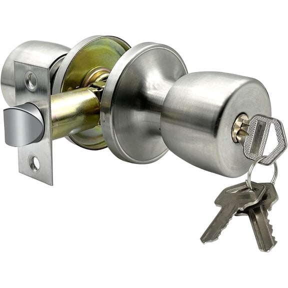 Door Knob with Lock and Keyed, Satin Nickel Round Ball Lock Interior/Exterior Door Knob for Or Bathroom (Stainless)