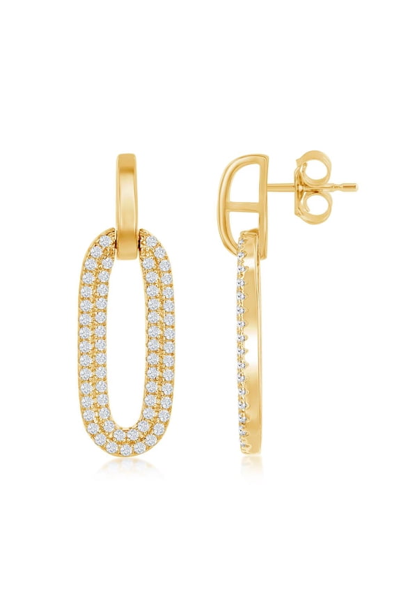 Door Knocker Paper Clip Link Design Simulated Diamond CZ Dangling Earrings Silver/14k Gold Plated Sterling Silver Jewelry for Women or Teens-Gold