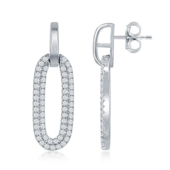 Door Knocker Paper Clip Link Design Simulated Diamond CZ Dangling Earrings Silver/14k Gold Plated Sterling Silver Jewelry for Women or Teens-Silver