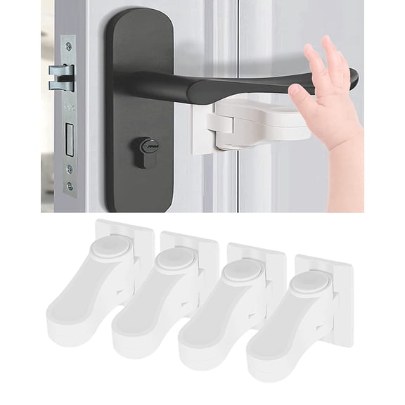 Door Lever Lock Child Proof, 4 Pack Safety Door Handles Lock Baby Proofing Locks Keep Faucet Switch Closed Strong Adhesive Easy Install No Drilling (White)