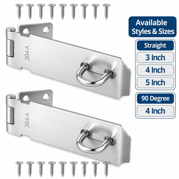 Door Lock Latch, 5 Inch Stainless Steel Hasp Latch, Safety Padlock Clasp, Extra Thick Gate Lock Hasp with Screws, Brushed Finish, 2 Pack