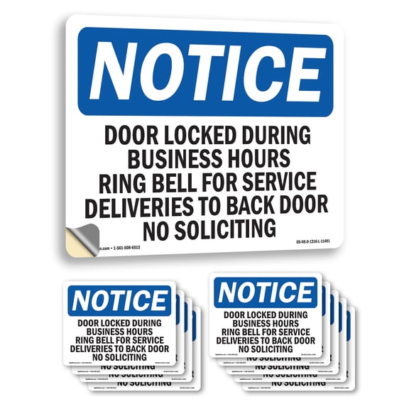 Door Locked During Business Hours Ring Bell OSHA Notice Vinyl Decal Label 5 Inch x 3.5 Inch - 10 Pack