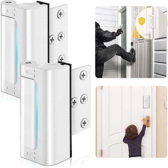 Door Locks 2 Pack, Metal Door Reinforcement Locks, 3" Withstands 1000 lbs of for Inward Swing Doors, Defender Door Locks for Safety, Unauthorized Entry (White)