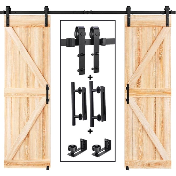 Door Locks, 8 FT Double Sliding Barn Door Track and Handle Hardware Kit,Basic J Pulley,Slide Smoothly Quietly,Easy Install (8FT Track Kit for 20"~24" Wide Double Door), Black Door Handles