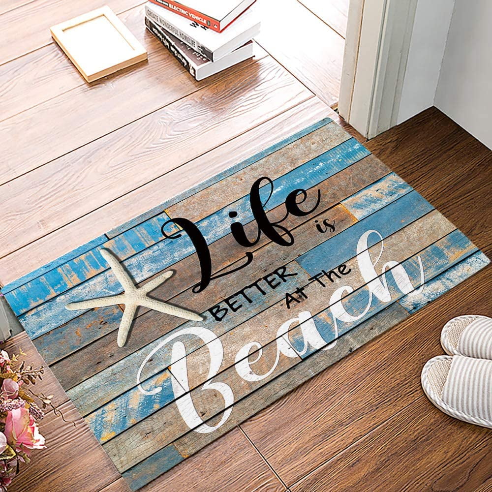 Door Mat 16x24 inch Welcome Mat Front Floor Mats, Non Slip Indoor Carpet/Absorbent Outdoor Shoes Scraper, Life is Better at The Beach Starfish Retro Wood Board Low-Profile Rugs Doormats for Entryway