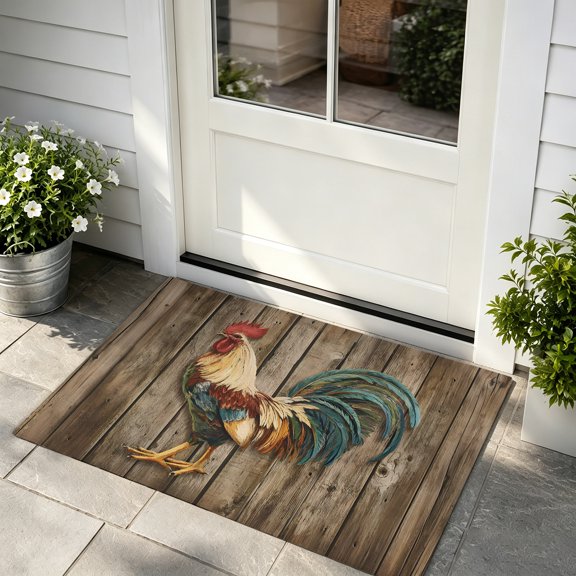 Door Mat 16x24in Farmhouse Rooster Absorbent Non-Slip Washable Doormat Rustic Wood Background Brown Red Green Dirt Trapping Low Profile Entryway Rug, Indoor Outdoor Welcome Mat for Home Entrance