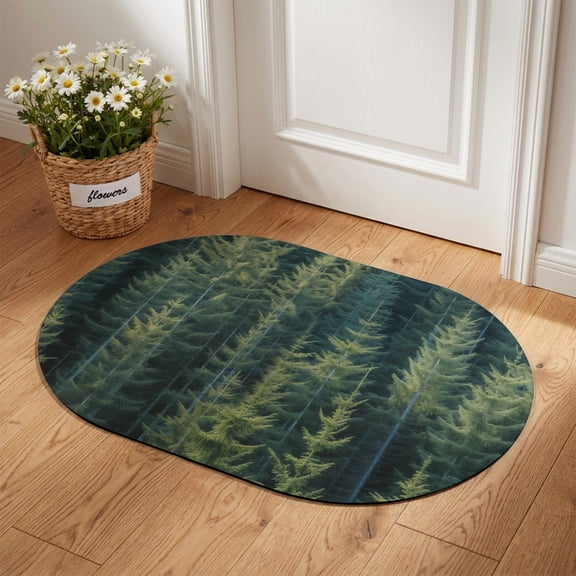 Door Mat 2'x3' Entryway Rug, Green Forest Absorbent & Non-Slip Door Mat Outside Entrance, Low-Profile Floor Mats for Bedroom Living Room Living Room Doormat Pine Tree Summer Botanical Modern Art