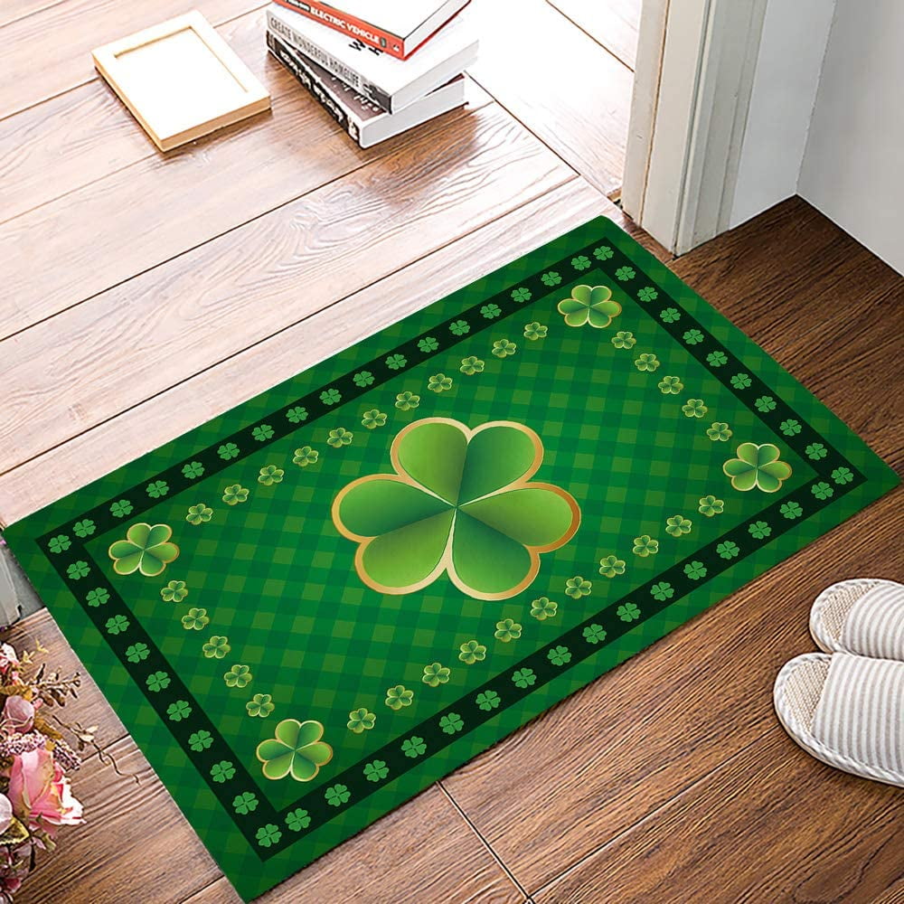 Door Mat 23.6"x15.7" Welcome Mat Front Floor Mats, Non Slip Indoor Carpet/Absorbent Outdoor Shoes Scraper, Lucky Irish St. Patrick''s Day Green Shamrock Lattice Low-Profile Rugs Doormats for Entryway