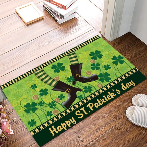 Door Mat 30"x18" Welcome Mat Front Floor Mats, Non Slip Indoor Carpet/Absorbent Outdoor Shoes Scraper, Happy St. Patrick''s Day Cute Elf Lucky Clovers and Gold Low-Profile Rugs Doormats for Entryway