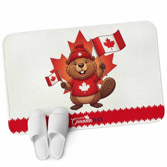 Door Mat 31.5"x47.2", Canada Beavers Non Slip Backing & Low Profile Area Rugs for Entryway Hallway, Absorbent Soft Floor Mat Small Carpet for Living Room Bedroom Modern Chic Maple Leaf Red Brown