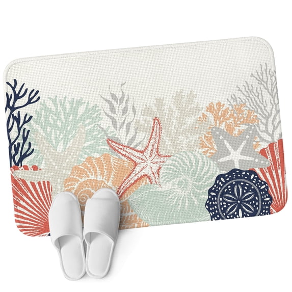 Door Mat 31.5"x47.2", Coastal Coral Non Slip Backing & Low Profile Area Rugs for Entryway Hallway, Absorbent Soft Floor Mat Small Carpet for Living Room Ocean Starfish Beach Conch Orange Marine Life