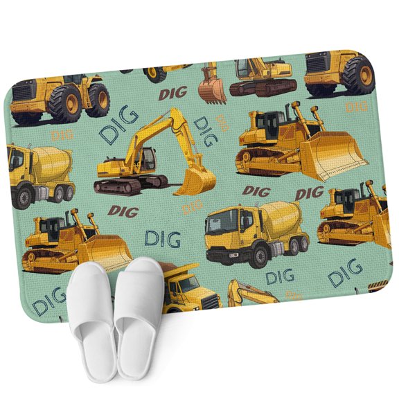 Door Mat 31.5"x47.2", Construction Truck Non Slip Backing & Low Profile Area Rugs for Entryway Hallway, Absorbent Soft Floor Mat Small Carpet for Living Room Cartoon Grips and Bulldozers Green