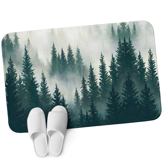 Door Mat 31.5"x47.2", Dark Green Pine Forest Non Slip Backing & Low Profile Area Rugs for Entryway Hallway, Absorbent Soft Floor Mat Small Carpet for Living Room Bedroom Misty Tree Clouds Nature