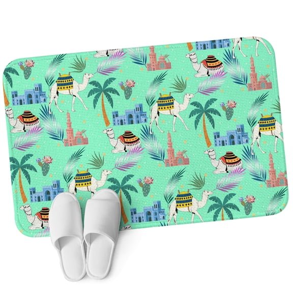 Door Mat 31.5"x47.2", Desert Camels Non Slip Backing & Low Profile Area Rugs for Entryway Hallway, Absorbent Soft Floor Mat Small Carpet for Living Room Cute Animals Houses Palm Trees Leaves Green