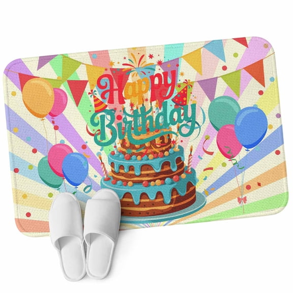 Door Mat 31.5"x47.2", Happy Birthday Non Slip Backing & Low Profile Area Rugs for Entryway Hallway, Absorbent Soft Floor Mat Small Carpet for Living Room Bedroom Colorful Balloon Ribbon Cake