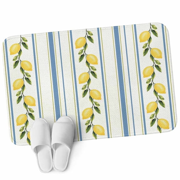 Door Mat 31.5"x47.2", Lemon Striped Non Slip Backing & Low Profile Area Rugs for Entryway Hallway, Absorbent Soft Floor Mat Small Carpet for Living Room Bedroom Yellow Fruit Blue White Geometric