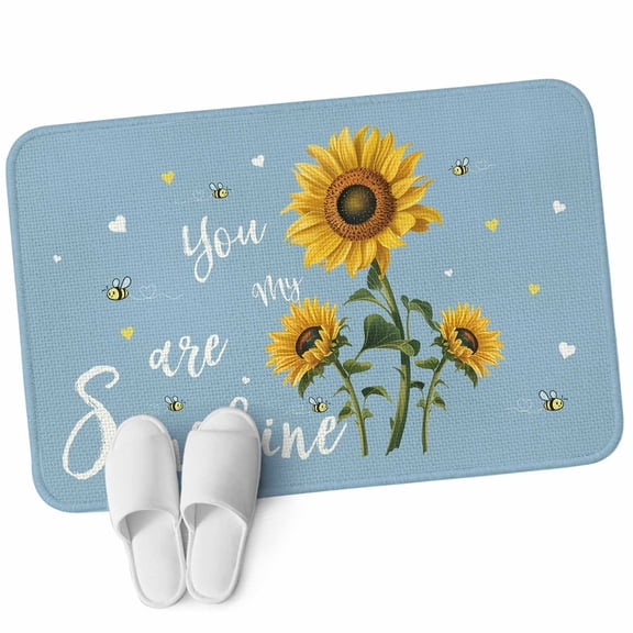 Door Mat 31.5"x47.2", Light Blue Sunshine Sunflower Non Slip Backing & Low Profile Area Rugs for Entryway Hallway, Absorbent Soft Floor Mat Small Carpet for Living Room Pastoral Bees Farmhouse Floral