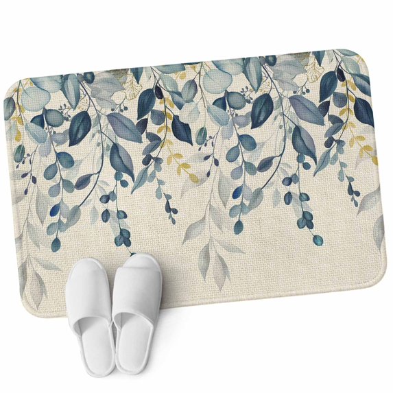 Door Mat 31.5"x47.2", Navy Blue Eucalyptus Non Slip Backing & Low Profile Area Rugs for Entryway Hallway, Absorbent Soft Floor Mat Small Carpet for Living Room Bedroom Farmhouse Weeping Leaves Linen