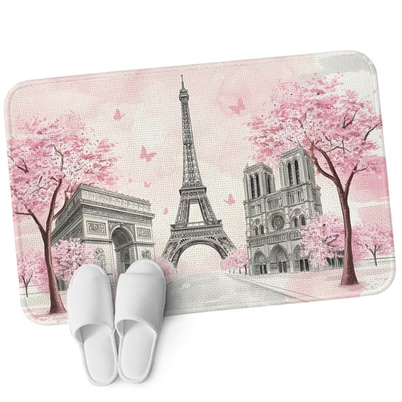 Door Mat 31.5"x47.2", Paris Eiffel Tower Non Slip Backing & Low Profile Area Rugs for Entryway Hallway, Absorbent Soft Floor Mat Small Carpet for Living Room Pink Cherry Blossom Romantic Flowers