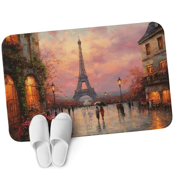 Door Mat 31.5"x47.2", Paris Eiffel Tower Non Slip Backing & Low Profile Area Rugs for Entryway Hallway, Absorbent Soft Floor Mat Small Carpet for Living Room Purple Sunset Country Street Oil Painting