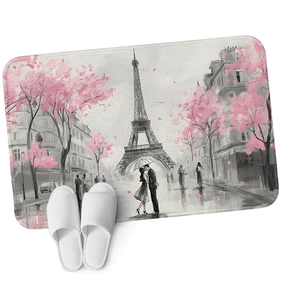 Door Mat 31.5"x47.2", Paris Eiffel Tower Non Slip Backing & Low Profile Area Rugs for Entryway Hallway, Absorbent Soft Floor Mat Small Carpet for Living Room Sweet Couple Romantic Pink Cherry Blossom