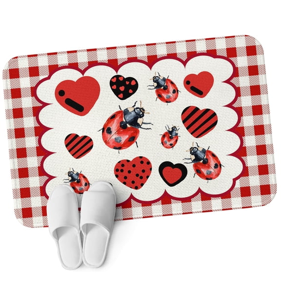Door Mat 31.5"x47.2", Red Ladybugs Non Slip Backing & Low Profile Area Rugs for Entryway Hallway, Absorbent Soft Floor Mat Small Carpet for Living Room Bedroom Modern Love Heart Checkered Plaid