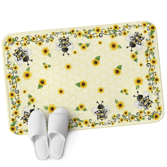 Door Mat 31.5"x47.2", Sunflowers Bee Non Slip Backing & Low Profile Area Rugs for Entryway Hallway, Absorbent Soft Floor Mat Small Carpet for Living Room Summer Watercolor Farmhouse Country Yellow