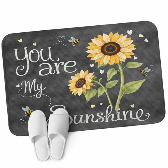Door Mat 31.5"x47.2", You Are My Sunshine Non Slip Backing Low Profile Area Rugs for Entryway Hallway, Absorbent Soft Floor Mat Carpet for Living Room Yellow Sunflowers Cute Bees Heart Dark Gray