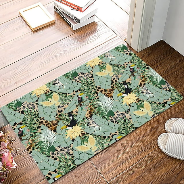 Door Mat Artistic Water Tropical Jungle Palm Leaves Green Doormat Non Slip Rubber Backing Floor