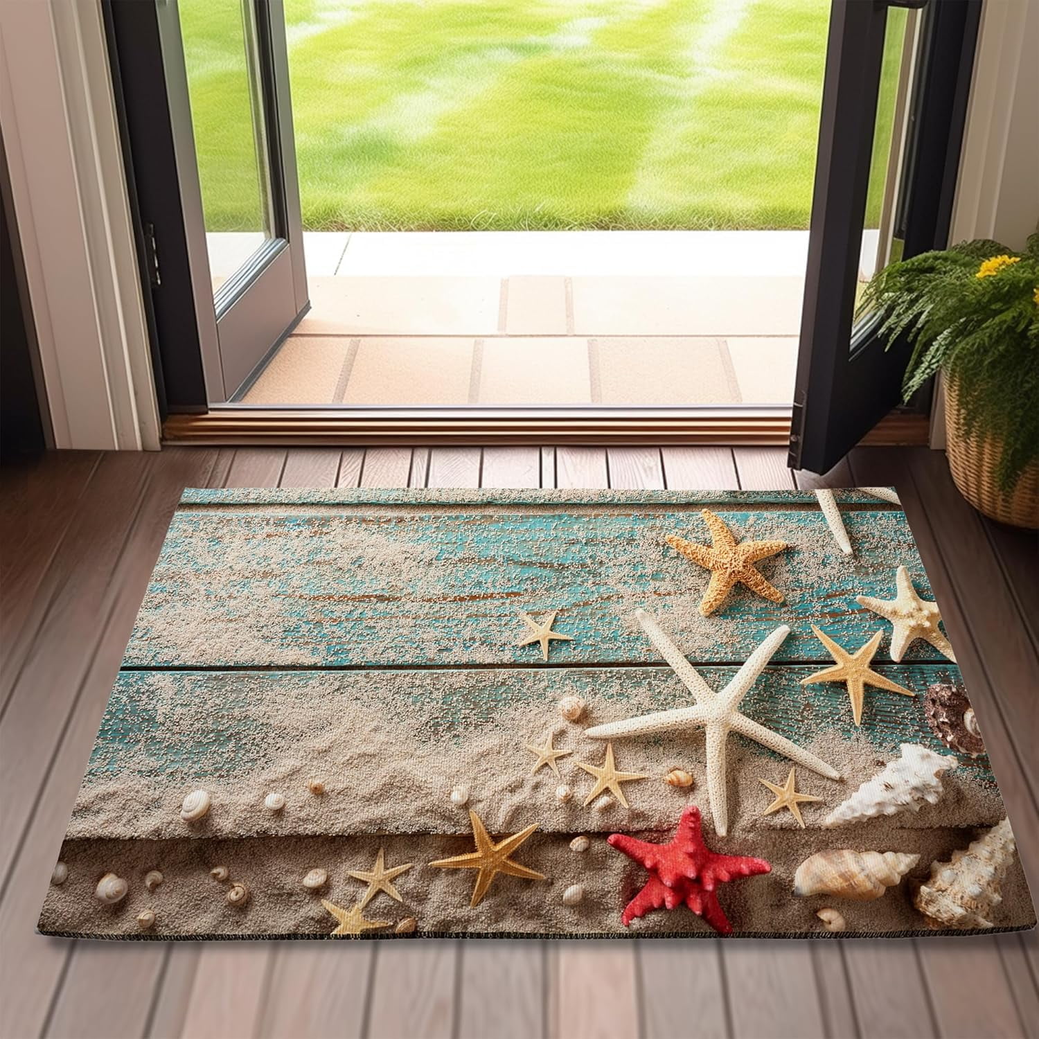 Door Mat, Beach Seashell Starfish Front Doormats, Blue Wooden Indoor ...