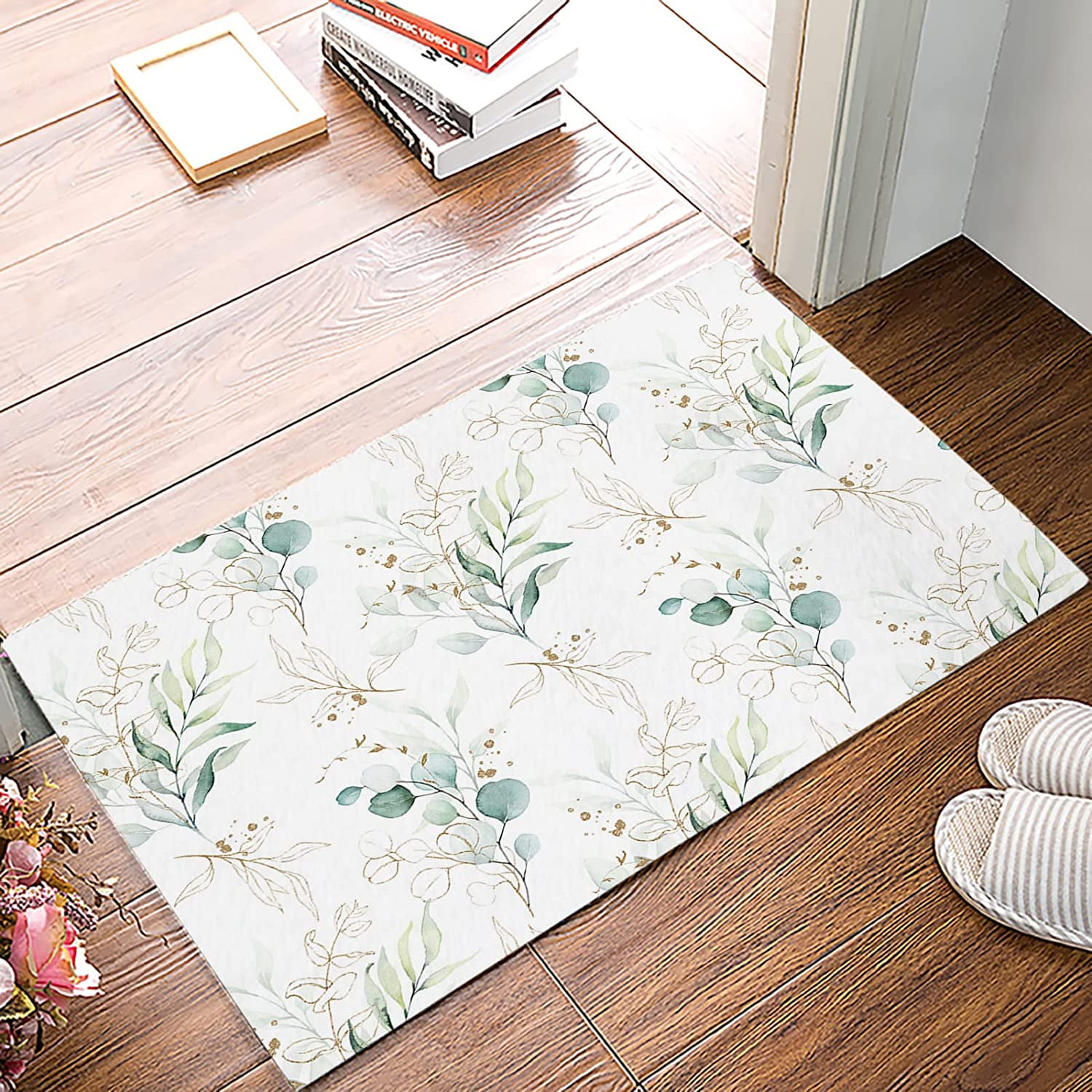 Door Mat for Bedroom Decor, Watercolor Botanical Flowers Leaves Printed