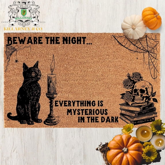 Door Mat Beware The Night Halloween Doormat, Halloween Cat Decor, Gothic Decor mat, Halloween Witch Door Decor, Funny Door mat, Edgar Allen Poe Mat Doormat 30x18 in