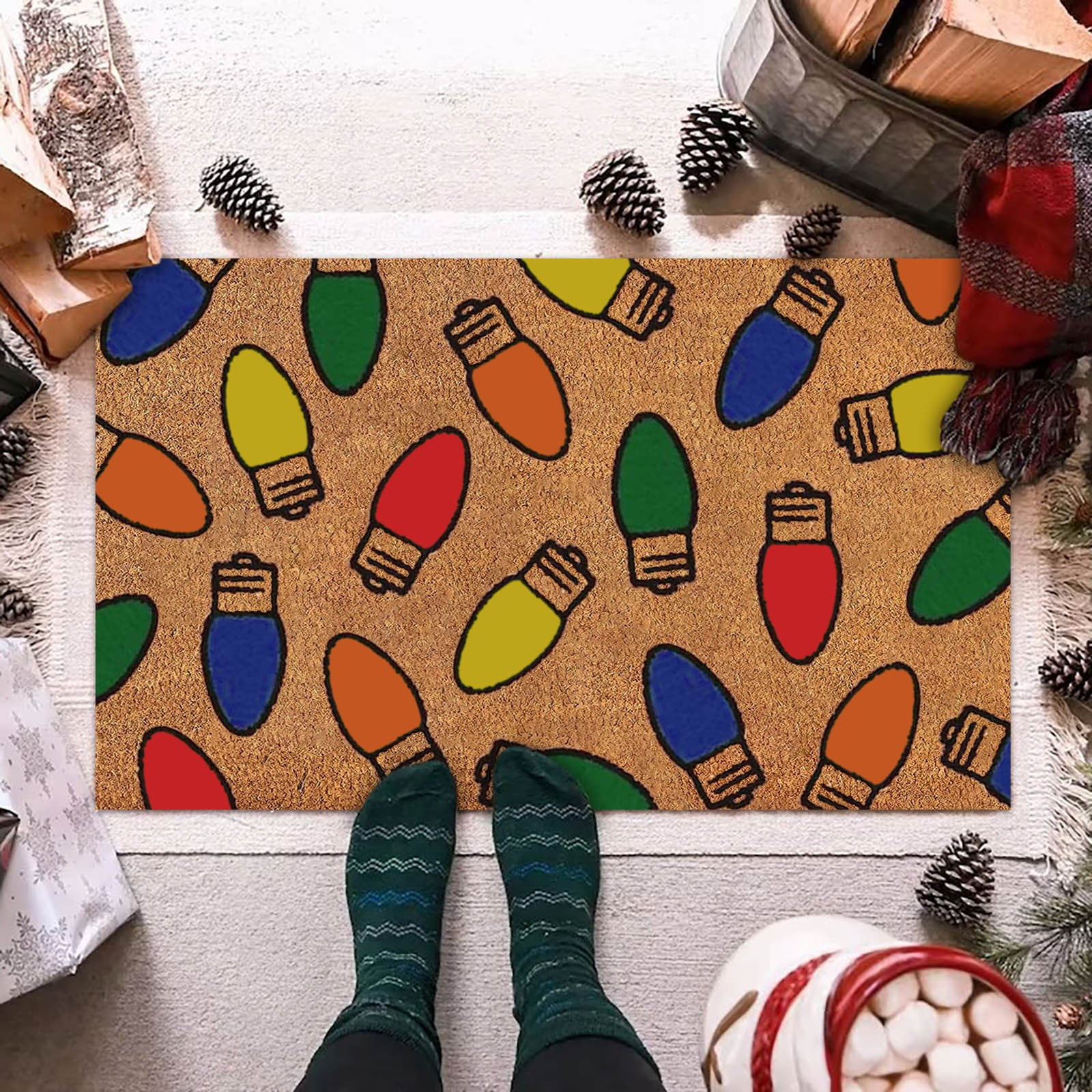 Door Mat Christmas Floral Cane Christmas Tree Light String Deer