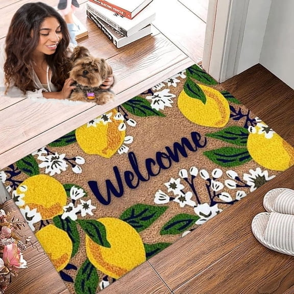 Door Mat Cute Lemons with Flowers Welcome Non-Slip Mats Funny Summer Spring Doormat Indoor Outdoor Decor for Bathroom Kitchen Front Porch Rugs Home Decoration Entrance 16 * 24in/40 * 60cm