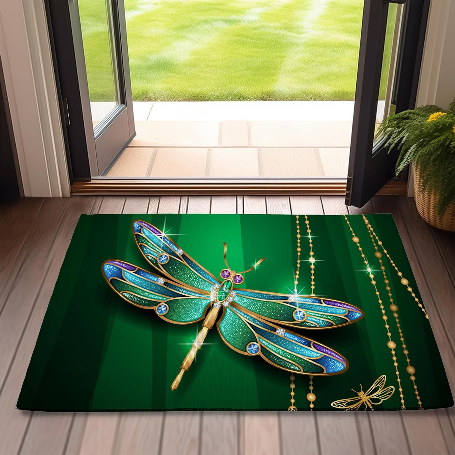 Door Mat,Dragonfly Front Door Mat 17''x30'',Green Jewel Sparkling ...