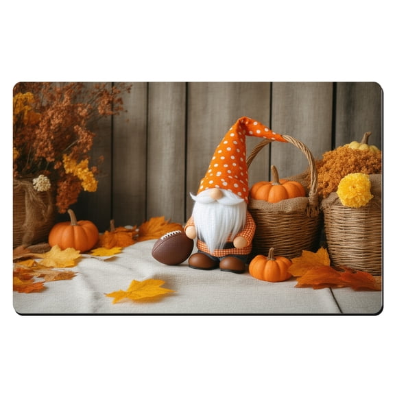 Door Mat Fall Theme A gnome sitting next to a basket of pumpkins and a football. Rubber Mats For Floor 20x32 inch Entryway Shoe Mat