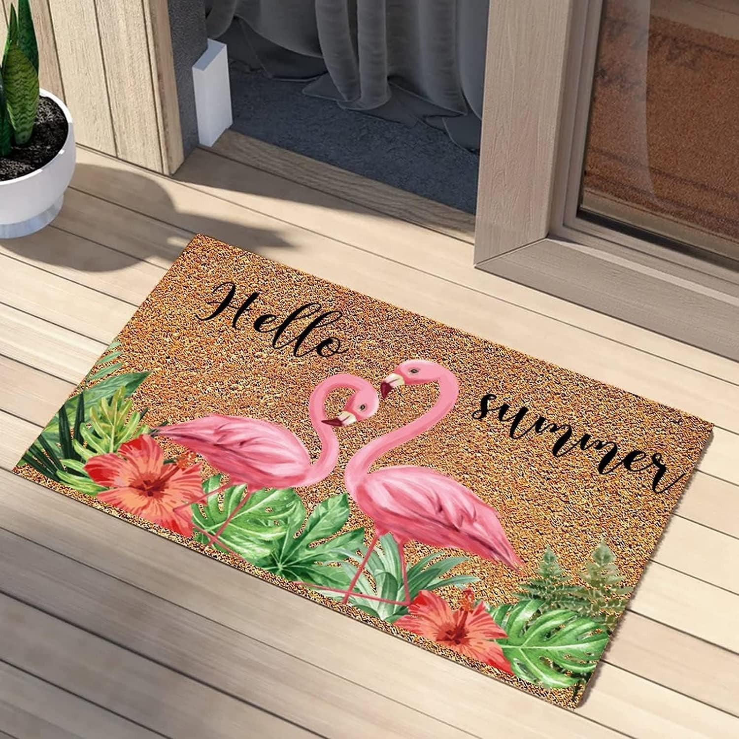 Door Mat Hello Summer Happy Life Mat Flamingo Indoor Outdoor Entryway