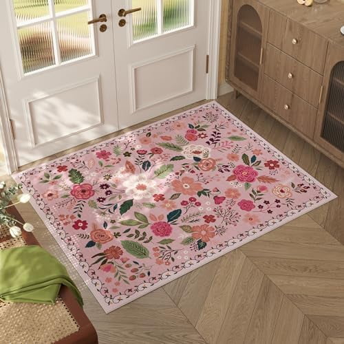 Door Mat Indoor Entrance 2x3 Rug Machine Washable Boho Floral Small Area Rug Non-Slip Low Pile Throw Rugs for Entryway, Kitchen, Front Door Indoor Entrance, Entry, Kids Room (Pink)